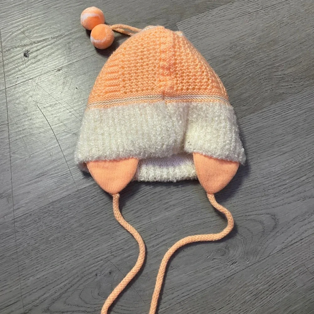 Knit Beanie Kids One Size Peach Cream Ear Flap Pom Pom Winter Hat